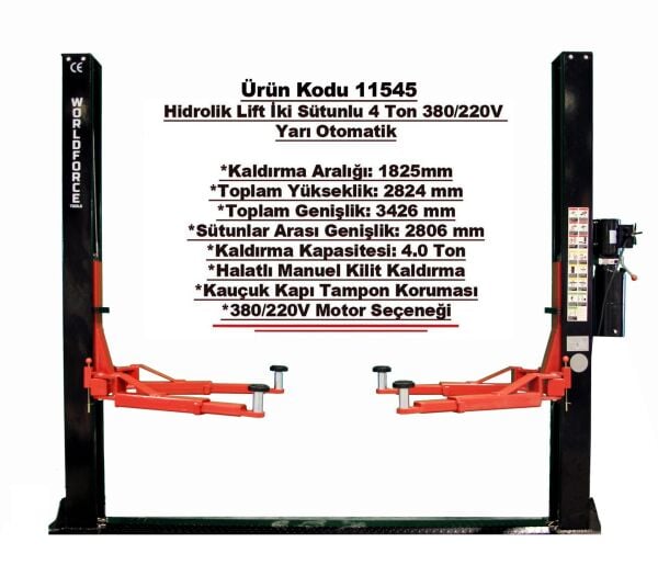 Hidrolik Lift İki Sütunlu 4 Ton 380V Yarı Otomatik