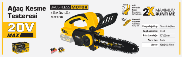 SGS 5320B AKÜLÜ AĞAÇ KESME TESTERESİ 20V 25 CM (KÖMÜRSÜZ MOTOR) (AKÜ HARİÇ)