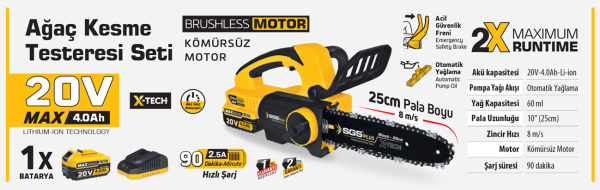 SGS 5320B AKÜLÜ AĞAÇ KESME TESTERESİ 20V 25 CM (KÖMÜRSÜZ MOTOR) (akü dahil)
