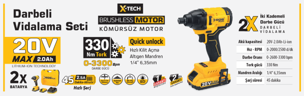 SGS DARBELİ VİDALAMA SETİ 330 Nm Tork 20V 2*2.0Ah (KÖMÜRSÜZ MOTOR) SGS5500