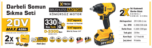 SGS DARBELİ SOMUN SIKMA SETİ 330 Nm Tork 20V 1/2” 2*4.0Ah (KÖMÜRSÜZ MOTOR) SGS5502