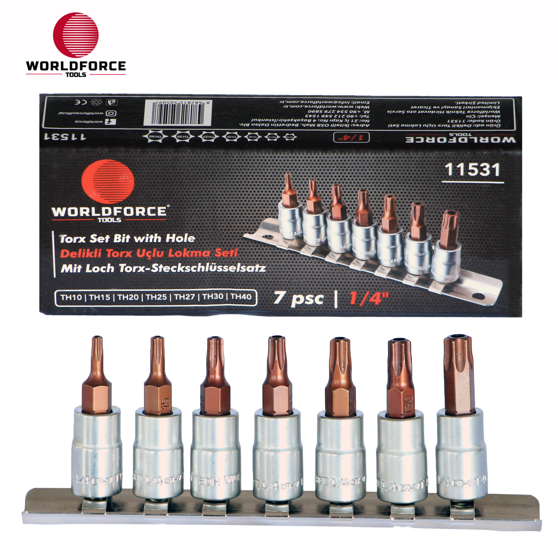 Delikli Torx Uçlu Lokma Seti 7 Parça 1/4\'\' (TH10,TH15,TH20,TH25,TH27,TH30,TH40)