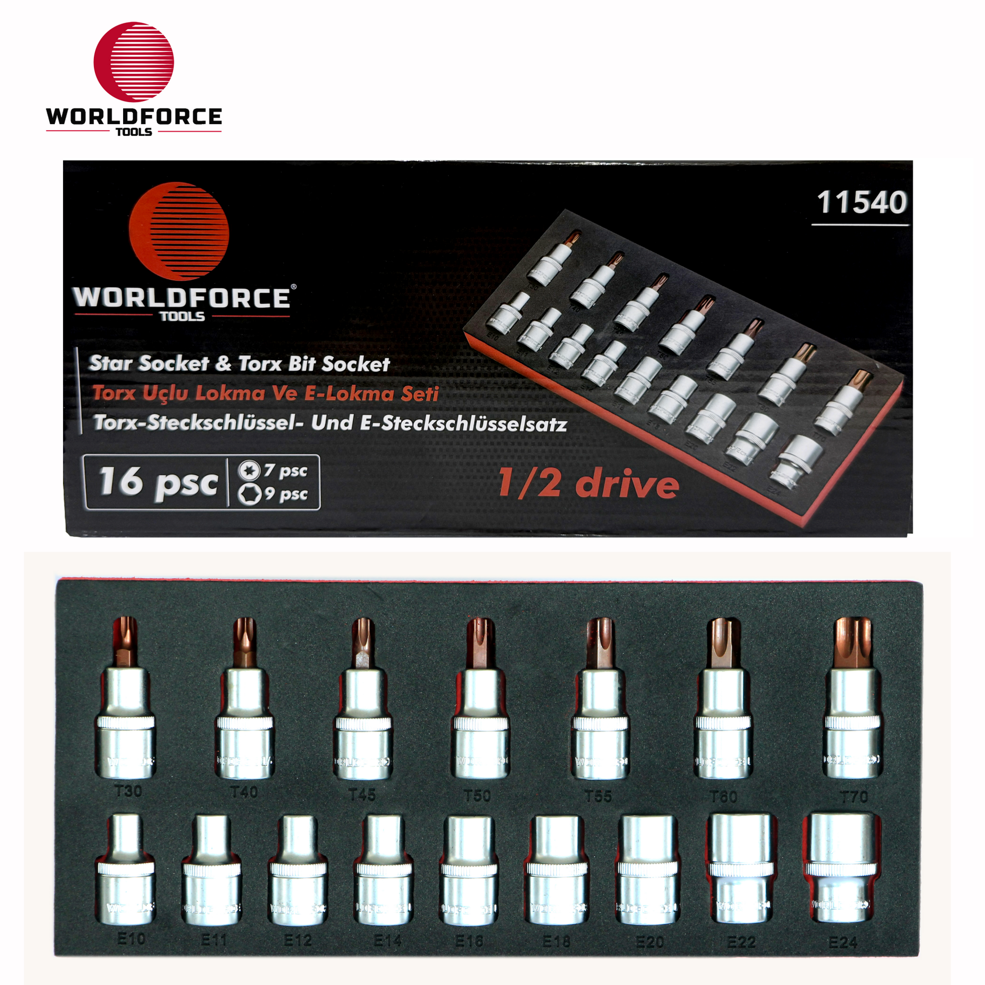 Torx Uçlu Lokma Ve E Lokma Seti 16 Parça 1/2\'\' (E10-E24, T30-T70)